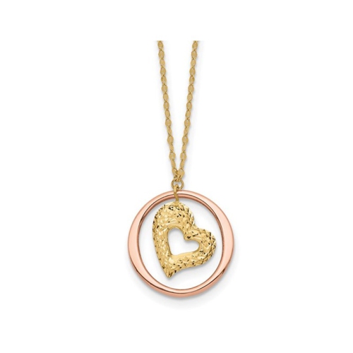 14K Yellow and PInk Gold Circle Heart Charm Pendant Necklace with Chain