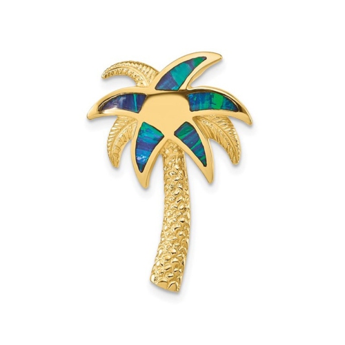 GEM AND HARMONY  14K Gold Palm Tree Charm Pendant With Lab-Created Blue Opals (No Chain) In Yellow