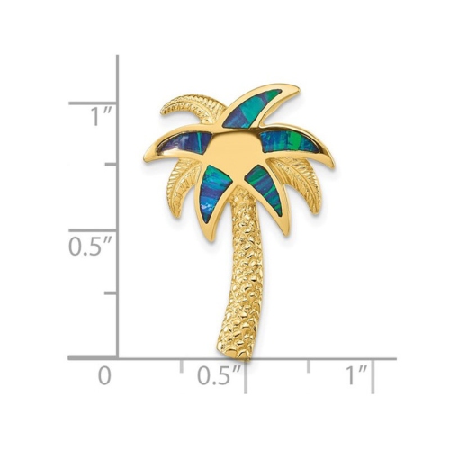 14K Yellow Gold Palm Tree Charm Pendant with Lab-Created Blue Opals