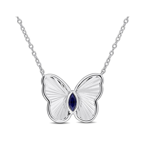 GEM AND HARMONY  1/6 Carat (Ctw) Lab-Created Sapphire Butterfly Charm Pendant Necklace In Sterling Silver With Chain In Blue