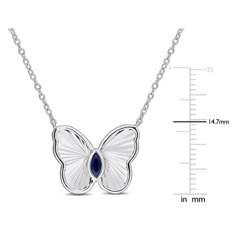 1/6 Carat Lab-Created Blue Sapphire Butterfly Charm Pendant Necklace in Sterling Silver with Chain