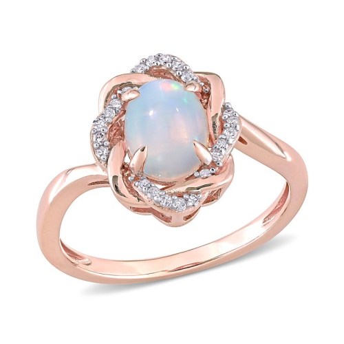 GEM AND HARMONY  3/4 Carat (Ctw) Opal Halo Ring In 10K Rose Pink Gold With Diamonds In Blue