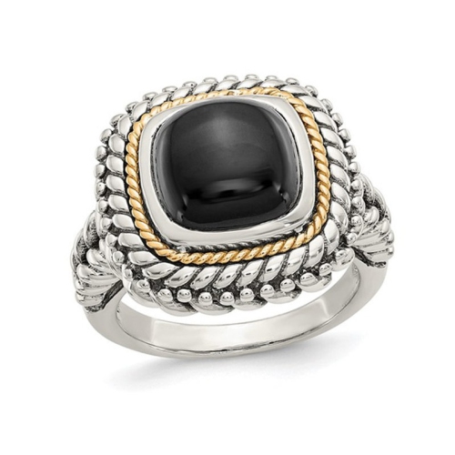 GEM AND HARMONY  Cabochon Onyx Ring In Antiqued Sterling Silver With 14K Gold Accent In Black