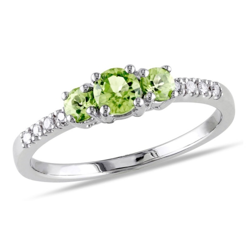 GEM AND HARMONY  1/2 Carat (Cw) Three Stone Peridot Ring In 10K Gold With Accent Diamonds In White
