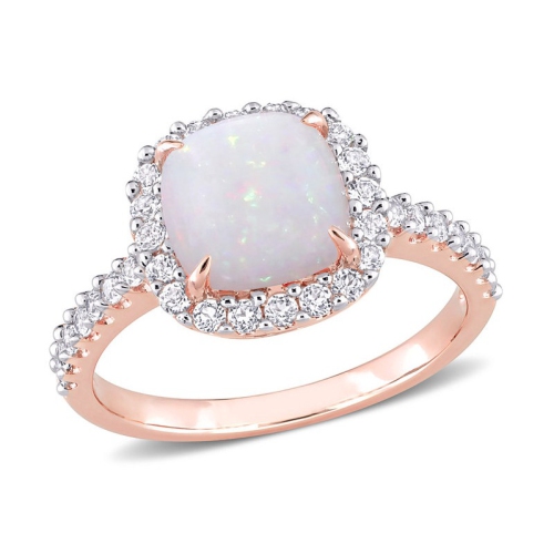 GEM AND HARMONY  2.37 Carat (Ctw) Opal And Topaz Halo Ring In 10K Rose Pink Gold In White