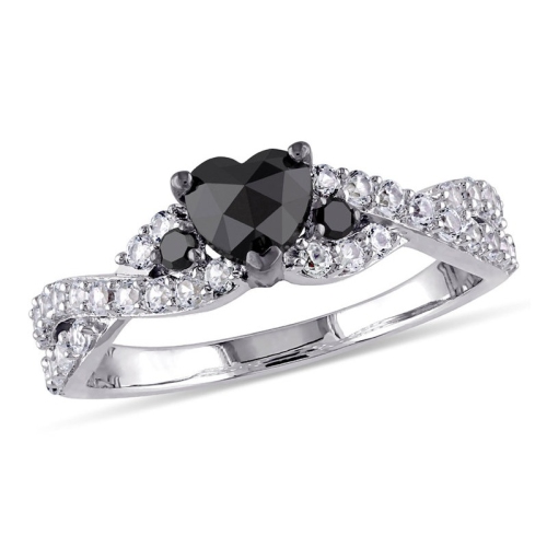 GEM AND HARMONY  1/2 Carat (Ctw) Black Diamond Heart Ring With Lab-Created Sapphires In Sterling Silver In White