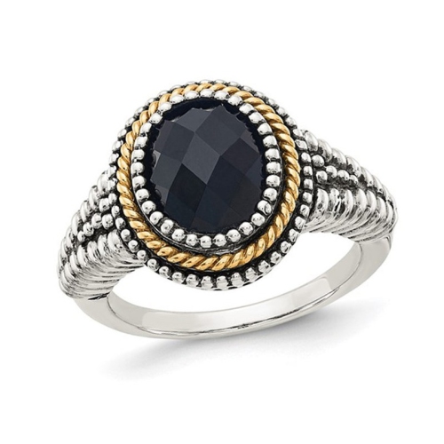 GEM AND HARMONY  Checkerboard Cut Onyx Ring In Antiqued Sterling Silver With 14K Gold Accent In Black