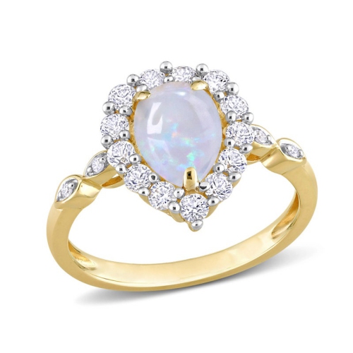 GEM AND HARMONY  1.17 Carat (Ctw) Opal And Lab-Created White Sapphire Halo Ring In 10K Gold In Yellow