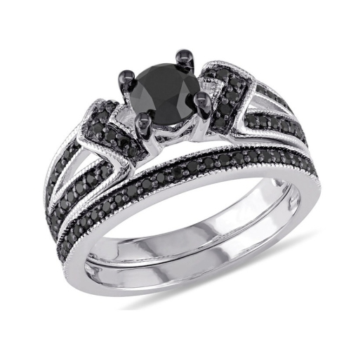 GEM AND HARMONY  1.12 Carat (Ctw) Black And Diamond Engagement Ring And Wedding Band Set In Sterling Silver In White