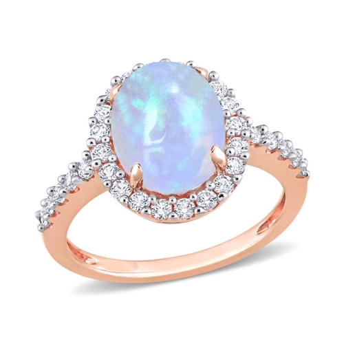 GEM AND HARMONY  2.85 Carat (Ctw) Opal Halo Ring In 10K Rose Pink Gold With White Topaz In Blue