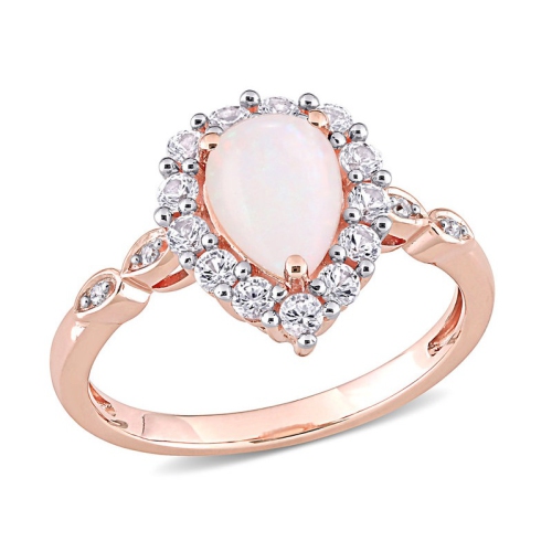 GEM AND HARMONY  1.17 Carat (Ctw) Opal And Lab-Created Sapphire Halo Ring In 10K Rose Gold In White