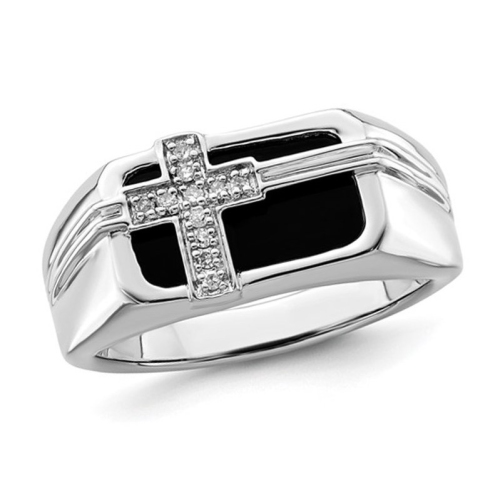 GEM AND HARMONY  Mens Onyx Cross Ring In Sterling Silver With Accent Diamonds In Black