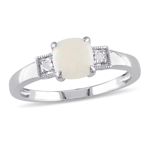 GEM AND HARMONY  1/2 Carat (Ctw) Opal Halo Ring In Sterling With Diamond Accent In Silver