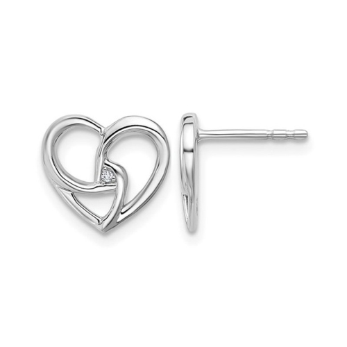 GEM AND HARMONY  Sterling Polished Heart Post Earrings With Accent Diamond In Silver