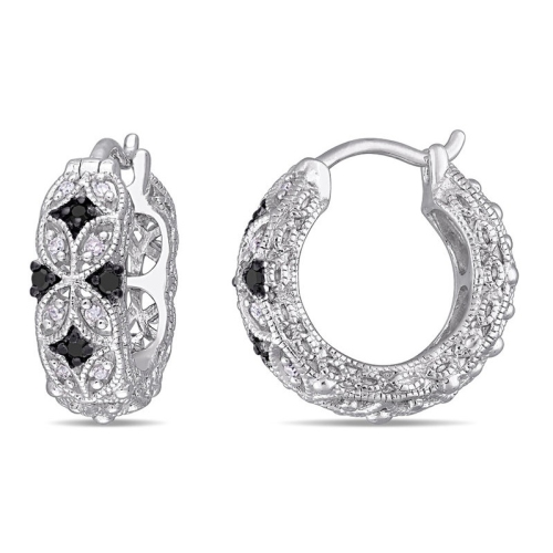 GEM AND HARMONY  1/6 Carat (Ctw) Black And Diamond Hoop Earrings In Sterling Silver In White