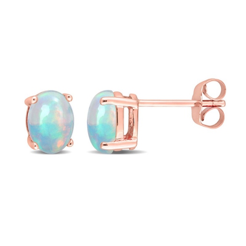 GEM AND HARMONY  1.40 Carat (Ctw) Oval Ethiopian Opal Stud Earrings In 10K Rose Gold In Blue