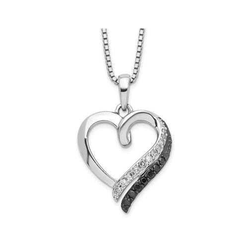 GEM AND HARMONY  1/5 Carat (Ctw) Black & Diamond Heart Pendant Necklace In Sterling Silver With Chain In White