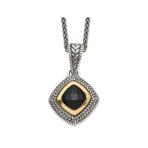 GEM AND HARMONY  Sterling Silver Antiqued Onyx Pendant Necklace With Chain In Black