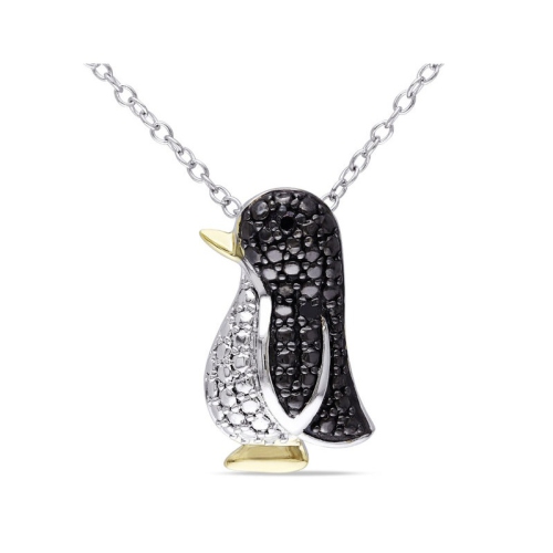 GEM AND HARMONY  Accent Diamond Penguin Charm Pendant Necklace In Sterling Silver With Chain In Black