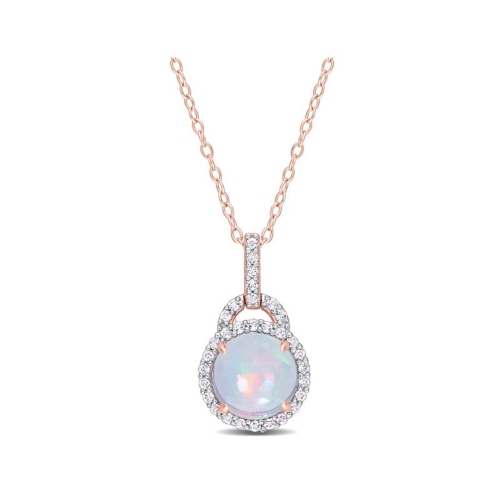 GEM AND HARMONY  3.26 Carat (Ctw) Opal And White Topaz Halo Pendant Necklace In Rose Sterling Silver With Chain In Blue