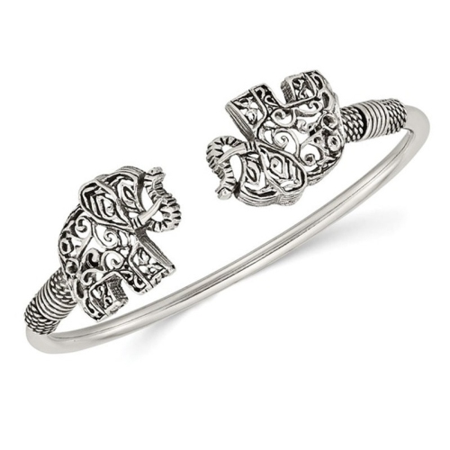 Stering Silver Antiqued Filigree Elephants Flexible Bangle Bracelet