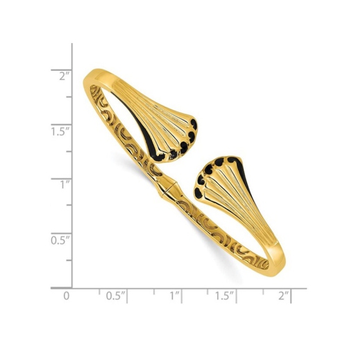 14K Yellow Gold Sea Shell Hinged Cuff Bangle Bracelet with Black Enamel