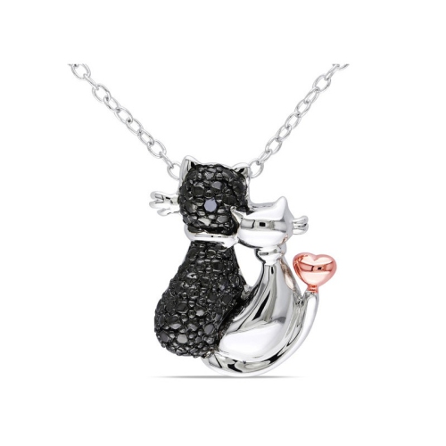 GEM AND HARMONY  Accent Diamond Cat Love Charm Pendant Necklace In Sterling Silver With Chain In Black