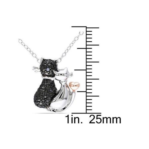 Black Accent Diamond Cat Love Charm Pendant Necklace in Sterling Silver with Chain