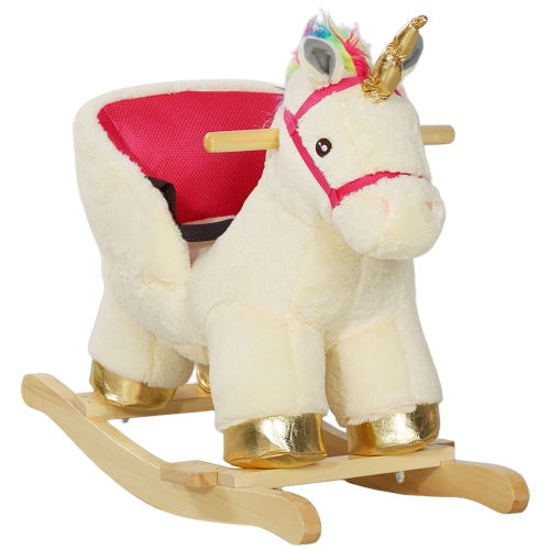 QABA  Baby Rocking Horse, Plush Animal Rocker for Toddlers Aged 18-36 Months, Stuffed Ride Toy With Sounds, Seat Belt, Cream In White