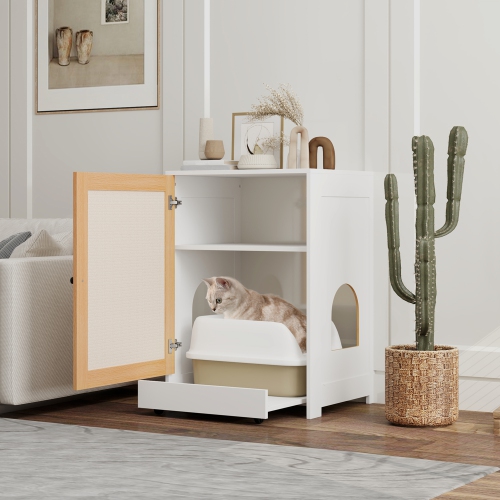 PawHut Cat Litter Box Enclosure, Hidden Litter Box Furniture with Pull-Out Tray, Indoor Cat Washroom with Storage Cabinet, Scratching Mat, Oak