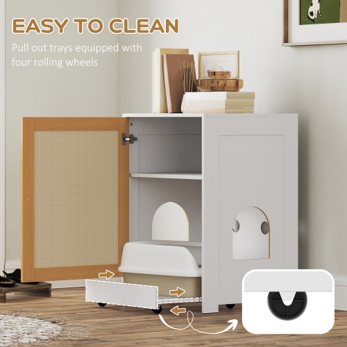 PawHut Cat Litter Box Enclosure, Hidden Litter Box Furniture with Pull-Out Tray, Indoor Cat Washroom with Storage Cabinet, Scratching Mat, Oak