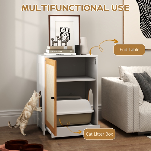 PawHut Cat Litter Box Enclosure, Hidden Litter Box Furniture with Pull-Out Tray, Indoor Cat Washroom with Storage Cabinet, Scratching Mat, Oak