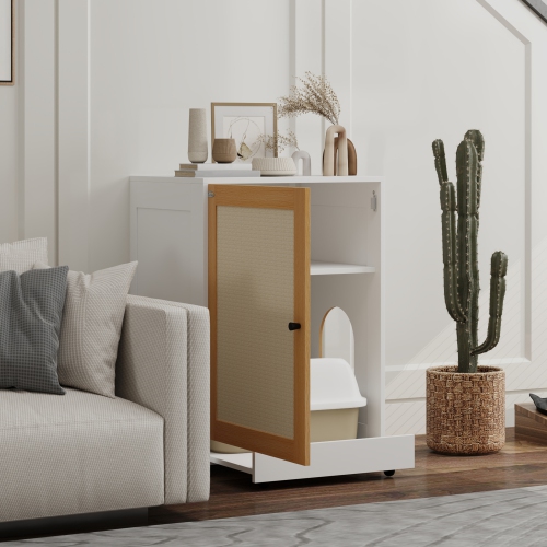 PawHut Cat Litter Box Enclosure, Hidden Litter Box Furniture with Pull-Out Tray, Indoor Cat Washroom with Storage Cabinet, Scratching Mat, Oak