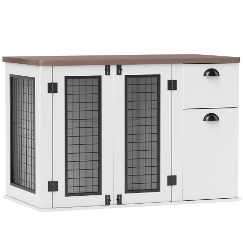 PawHut Dog Crate Furniture, 44" Dog Kennel Furniture with Double Doors, Storage, Drawer, Dog Cage for Medium Dogs, White