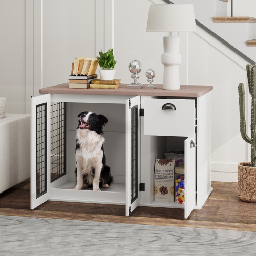 PawHut Dog Crate Furniture, 44" Dog Kennel Furniture with Double Doors, Storage, Drawer, Dog Cage for Medium Dogs, White