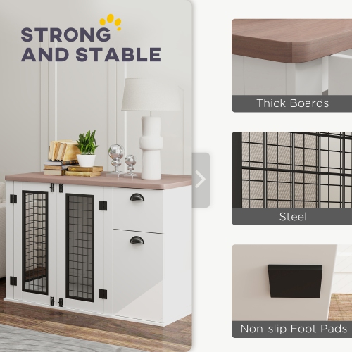 PawHut Dog Crate Furniture, 44" Dog Kennel Furniture with Double Doors, Storage, Drawer, Dog Cage for Medium Dogs, White