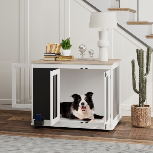 PawHut 39in Dog Crate Furniture, Dog Cage End Table with Three Doors, Blackboard, Non-slip Foot Pads, Dog Cage for Middle and Large Dogs, White