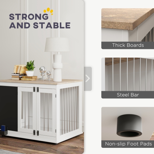 PawHut 39in Dog Crate Furniture, Dog Cage End Table with Three Doors, Blackboard, Non-slip Foot Pads, Dog Cage for Middle and Large Dogs, White