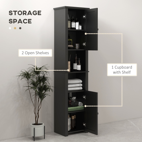 HOMCOM Tall Bathroom Storage Cabinet, Freestanding Narrow Storage Cabinet, Bathroom Floor Cabinet with Adjustable Shelves and 2 Doors, Black