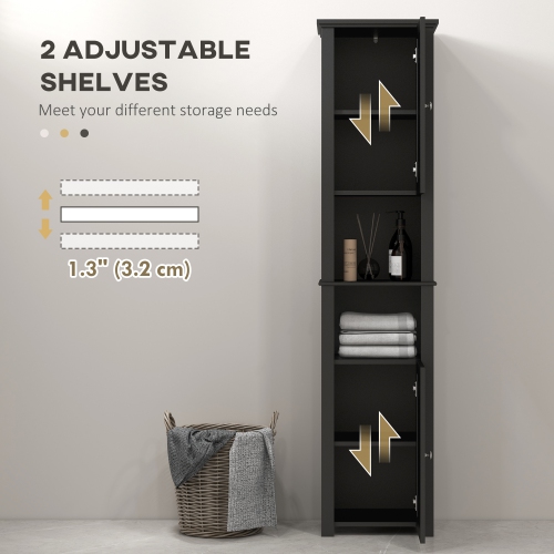 HOMCOM Tall Bathroom Storage Cabinet, Freestanding Narrow Storage Cabinet, Bathroom Floor Cabinet with Adjustable Shelves and 2 Doors, Black