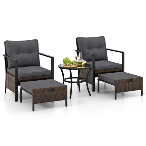 Costway 5 PCS Outdoor Furniture Set Rattan Chairs & Ottomans with Glass Topped Coffee Table
