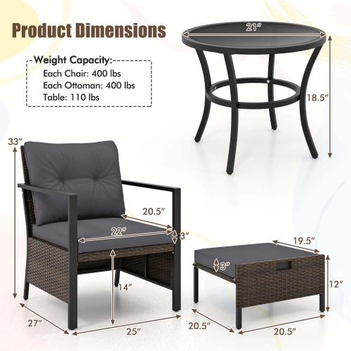 Costway 5 PCS Outdoor Furniture Set Rattan Chairs & Ottomans with Glass Topped Coffee Table