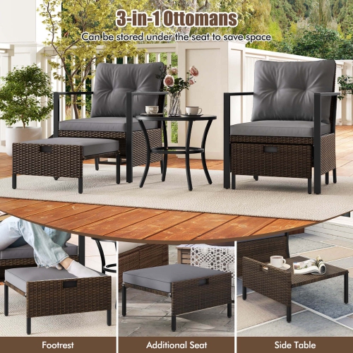 Costway 5 PCS Outdoor Furniture Set Rattan Chairs & Ottomans with Glass Topped Coffee Table