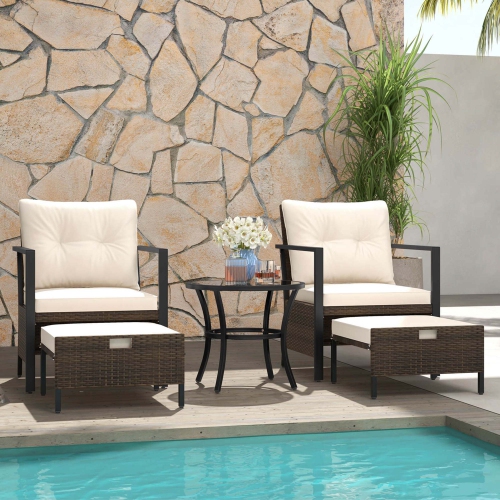COSTWAY  5 PCs Outdoor Furniture Set Rattan Chairs & Ottomans With Glass Topped Coffee Table