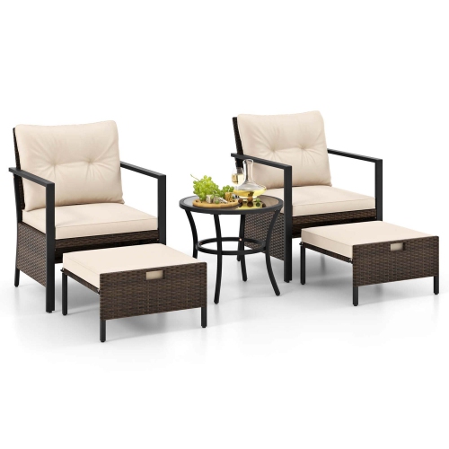 Costway 5 PCS Outdoor Furniture Set Rattan Chairs & Ottomans with Glass Topped Coffee Table