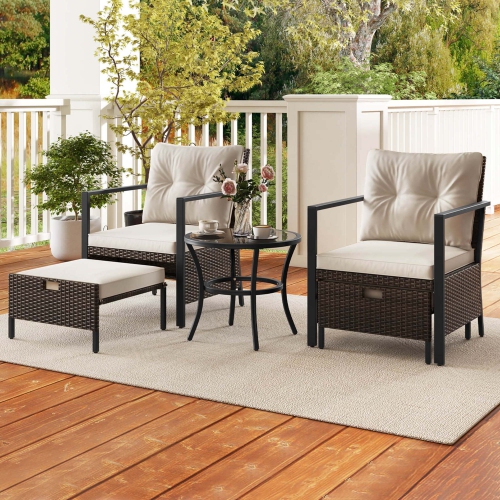 Costway 5 PCS Outdoor Furniture Set Rattan Chairs & Ottomans with Glass Topped Coffee Table