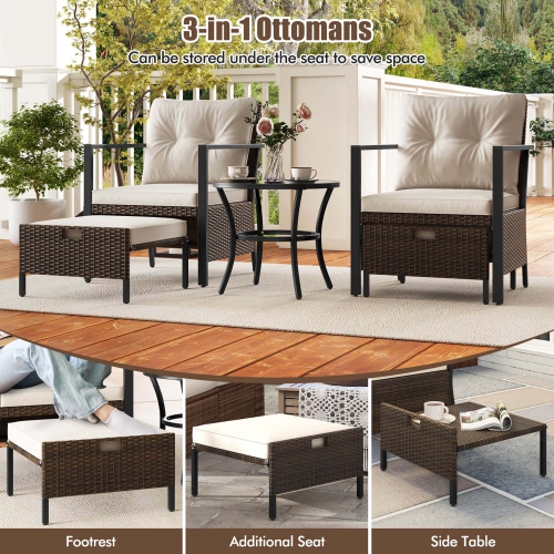Costway 5 PCS Outdoor Furniture Set Rattan Chairs & Ottomans with Glass Topped Coffee Table