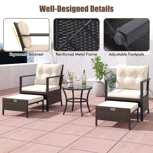 Costway 5 PCS Outdoor Furniture Set Rattan Chairs & Ottomans with Glass Topped Coffee Table