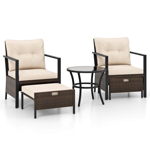 Costway 5 PCS Outdoor Furniture Set Rattan Chairs & Ottomans with Glass Topped Coffee Table