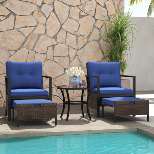 COSTWAY  5 PCs Outdoor Furniture Set Rattan Chairs & Ottomans With Glass Topped Coffee Table